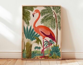 Estampado de flamencos rosas, arte mural tropical, decoración de naturaleza