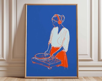 Lámina de arte pop con DJ femenina / Decoración retro para sala de música