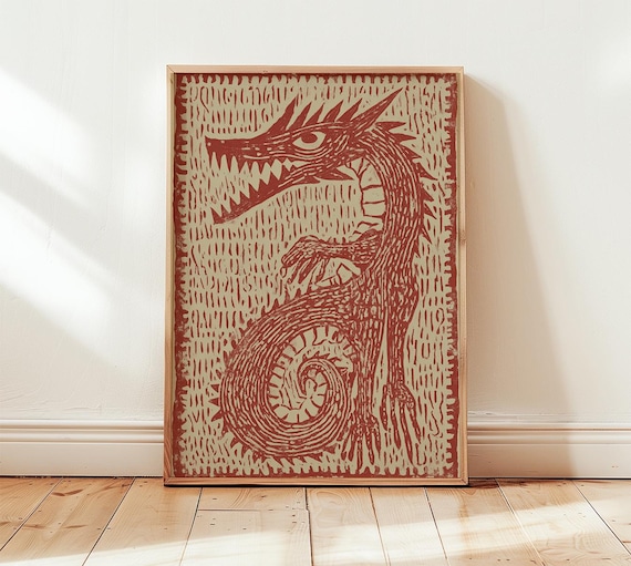 Red Dragon Linocut Print, Nordic Medieval Decor