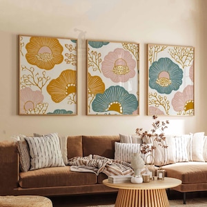 Retro Floral Pattern Set of 3 Posters, Mid Century Modern Floral Prints, Boho Living Room Decor, Bold Botanical Poster Set, Aesthetic Art