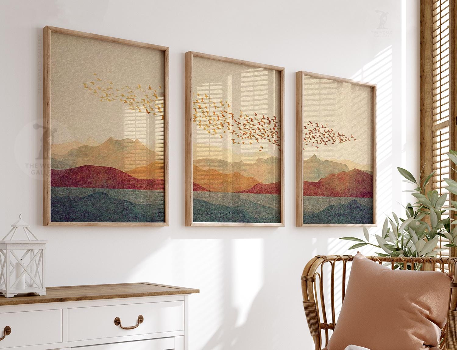 Sunset Mountain Wall Art Set of 3 | Flock of Birds Over Hills