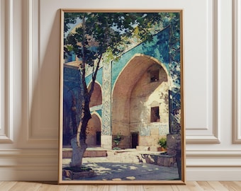 Persian Courtyard Print, Islamic Architecture, Blue Archway Poster