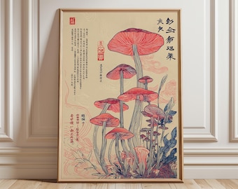 Japanese Mushroom Line Art Print, Vintage Botanical Poster