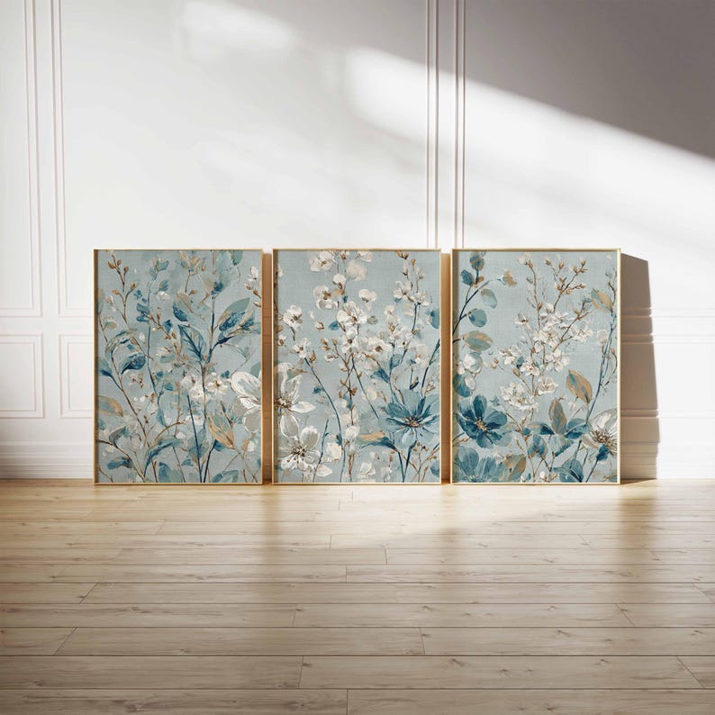 Blue Floral Wall Art Prints Set of 3, Modern Botanical Posters, Elegant ...