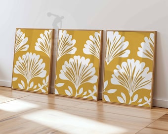 Mustard Yellow Floral Art Prints, Botanical Wall Decor Set of 3