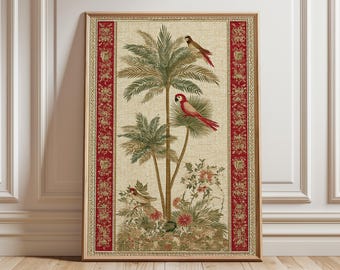 Tropical Parrot Wall Art Print, Colonial Indian Botanical Poster, Palm Tree and Bird Illustration, Vintage Nature Tapestry Artwork