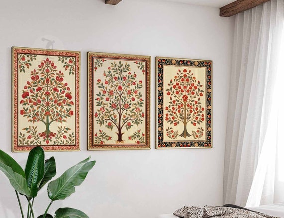 Indian Floral Tree Prints, Traditional Pichwai Art, Set of 3