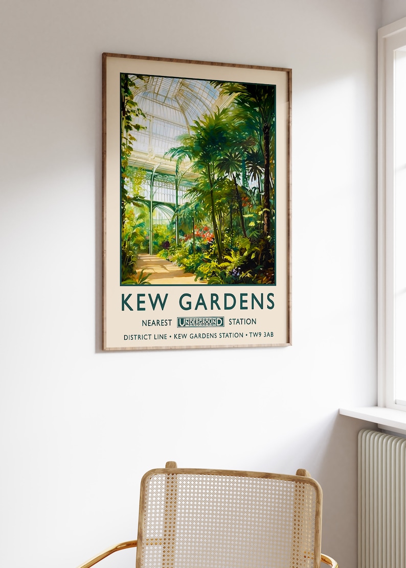 May include: Vintage travel poster for Kew Gardens in London, England. The poster features a colorful illustration of a greenhouse with lush tropical plants. The text reads "Kew Gardens" and "Nearest Underground Station District Line - Kew Gardens Station - TW9 3AB".