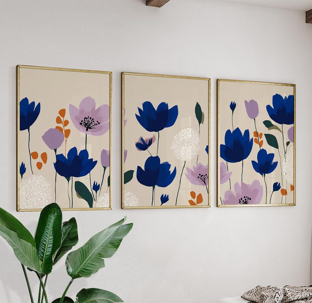 Blue Floral Wall Art Posters | Modern Botanical Triptych Prints | Set ...