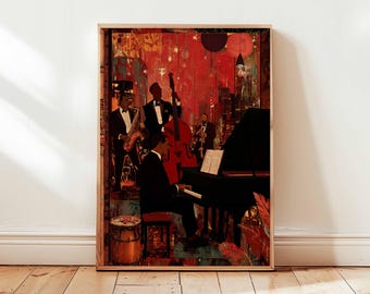 May include: A framed art print depicts a jazz band performing. The musicians are silhouetted against a red background with city lights. A pianist plays a black grand piano, and other musicians play a saxophone, double bass, and other instruments.