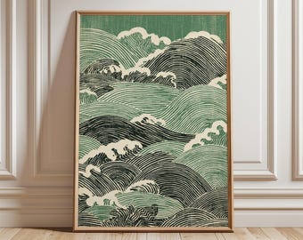 May include: Framed art print featuring a stylized depiction of ocean waves. The artwork uses a palette of green, black, and white, with a textured, linocut-style appearance. The waves are rendered with curved lines, creating a sense of movement and depth.