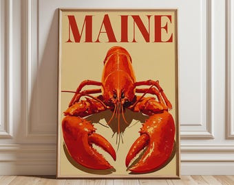 Póster vintage de langosta, ilustración de mariscos de Maine, arte mural costero.