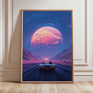 Póster retro de ciencia ficción, decoración cósmica surrealista de los años 70, póster espacial futurista, impresión de paisaje vintage, obra de arte espacial para dormitorio y sala de estar.