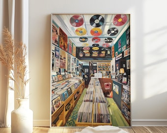 May include: A vintage record store interior with a ceiling covered in colorful vinyl records. The store is filled with rows of vinyl records, some stacked high on shelves. The store is brightly lit and has a warm, inviting atmosphere.
