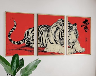 Tiger Triptych Poster Set Of 3, Japanese Style Oriental Animal Print
