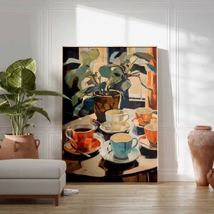 May include: A painting of a still life with a potted plant, a table with six teacups and saucers, and a window in the background. The teacups are in various colors, including red, blue, and white.