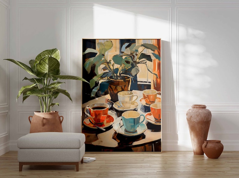 May include: A painting of a still life with a potted plant, a table with six teacups and saucers, and a window in the background. The teacups are in various colors, including red, blue, and white.