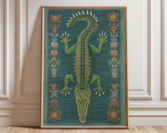 Tapiz de cocodrilo folclórico, póster con estampado tribal artesanal, estampado de inspiración textil verde y roja para interiores eclécticos.
