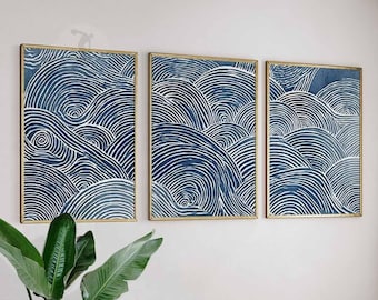 Set of 3 Japanese Wave Wall Art Prints, Blue Ocean Line Art Posters, Modern Coastal Wall Decor Inspired by Japan
