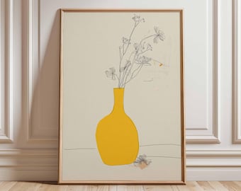 Botanical Line Drawing Print, Yellow Vase, Scandinavian Wall Art