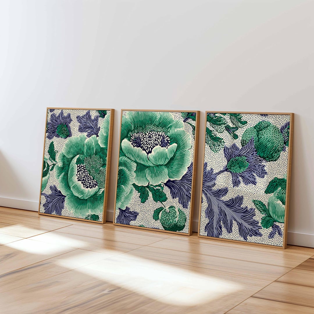 日本の植物ウォールアート3点セット、ティールとインディゴの花柄
