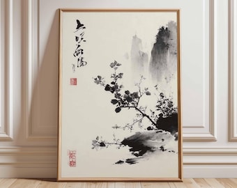 May include: A framed artwork featuring a traditional Asian ink wash painting. The artwork depicts a mountain landscape with a branch of flowers in the foreground. The painting is in shades of black and white with calligraphy.