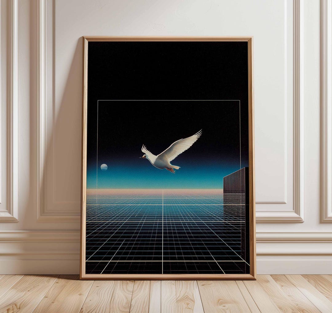 Surreal Bird Wall Art, Retro Sci Fi Poster, Futuristic Grid Print ...
