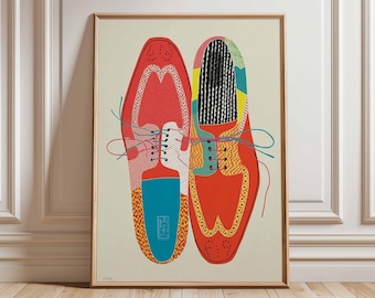 May include: A framed art print depicting a pair of shoes in a vibrant, artistic style. The shoes are predominantly red, with blue, yellow, and black detailing. The artwork showcases laces and decorative patterns, with a whimsical aesthetic.