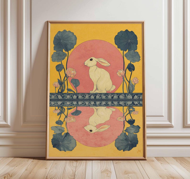 rabbit-reflection-art-print-lotus-flower-illustration-whimsical