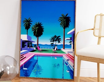 80s Swimming Pool Print, Retro Los Angeles, California Beach Art