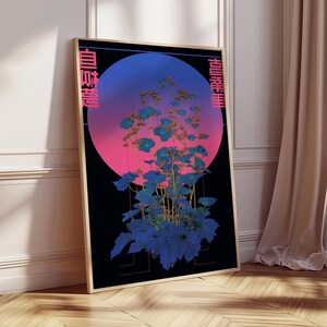 May include: Framed art print featuring a stylized floral arrangement with blue and teal leaves and flowers. The artwork is set against a gradient background of pink and blue, with Japanese text on the sides. The frame is a light wood color.
