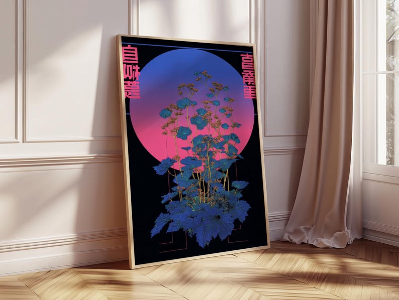 May include: Framed art print featuring a stylized floral arrangement with blue and teal leaves and flowers. The artwork is set against a gradient background of pink and blue, with Japanese text on the sides. The frame is a light wood color.
