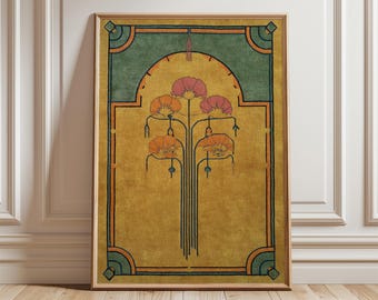 Art Nouveau Floral Wall Art, Vintage Botanical Poster, Geometric Flower Design, Golden Retro Decor, Classic Nature Inspired Artwork