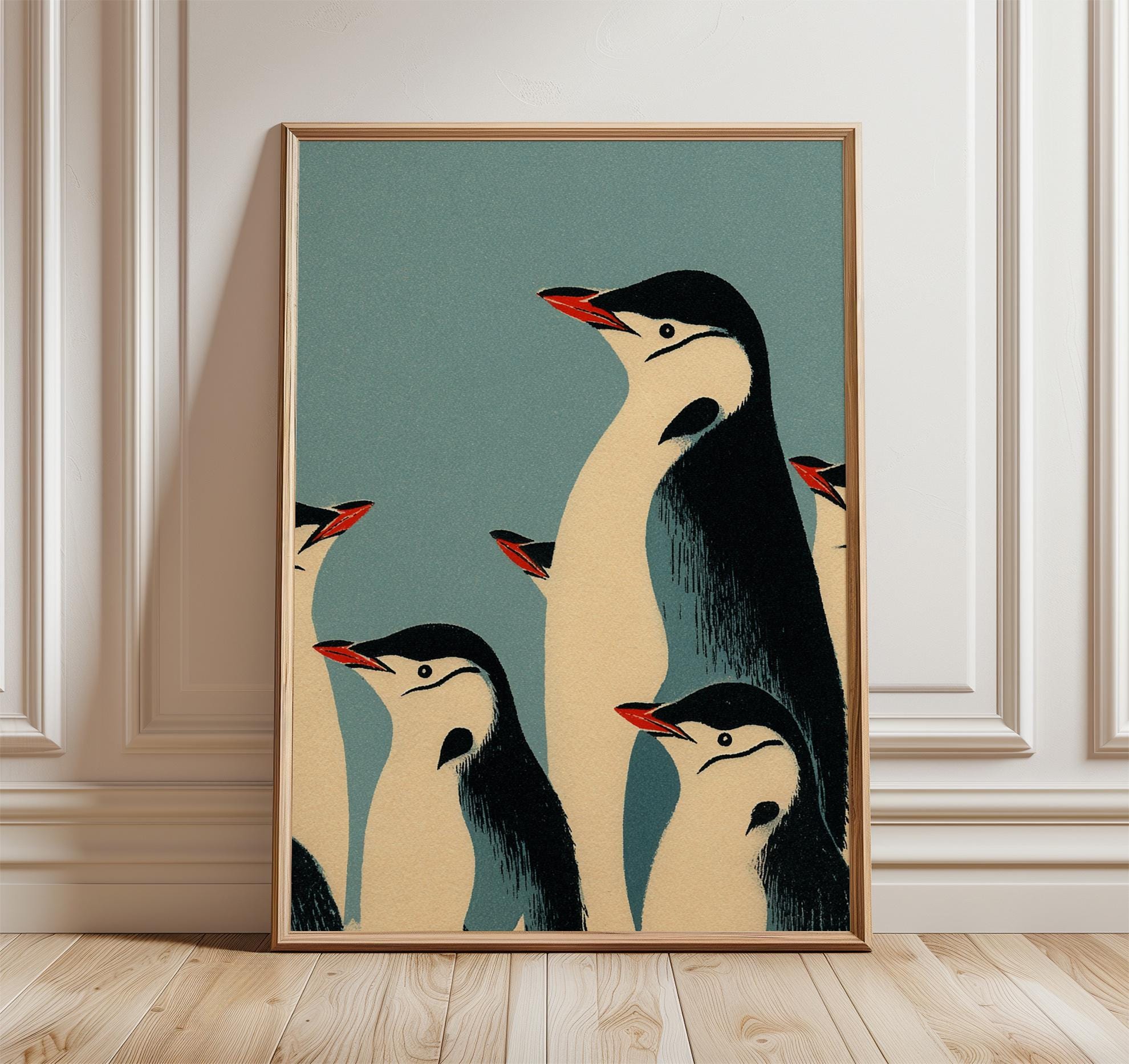 ペンギンのウォールアートプリント、ミニマルなヴィンテージイラスト