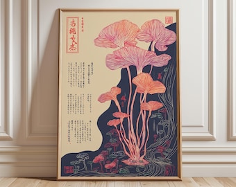 Japanese Mushroom Line Art Print, Retro Botanical Poster