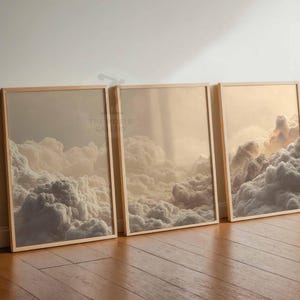 Juego de 3 impresiones de arte de pared con nubes para dormitorio, pósteres de nubes blancas y cielo beige, decoración vintage para el hogar, juego de 3 pósteres grandes, decoración de dormitorio