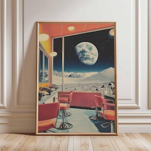 Póster retro de ciencia ficción, decoración cósmica surrealista de los años 70, póster espacial futurista, impresión de paisaje vintage, obra de arte espacial para dormitorio y sala de estar.