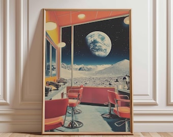 Stampa artistica retrò di fantascienza, paesaggio cosmico anni '70, decorazione a tema mondo alieno.