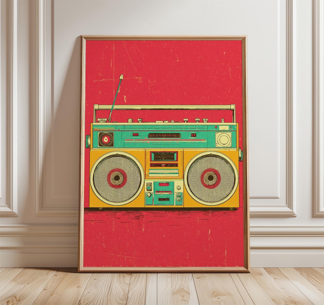 Red Retro Boombox Poster, Vintage 80s Music Wall Art Print, Pop