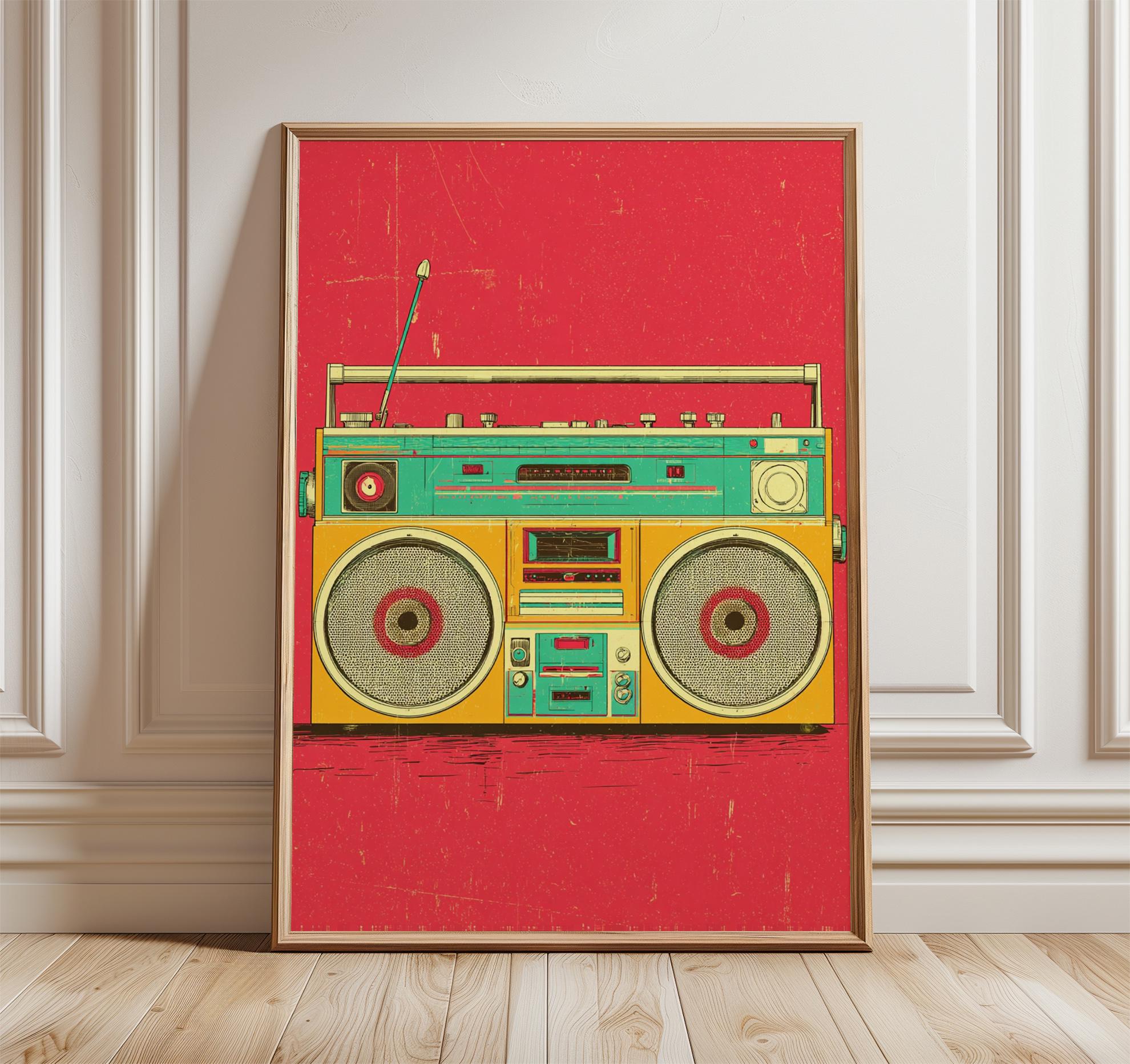 Red Retro Boombox Poster, Vintage 80s Music Wall Art Print, Pop