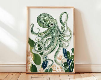 Octopus Poster, Ocean Animal Wall Art, Nautical Sea Life Decor, Sea Life Print, Marine Creature Poster, Coastal Gift Print