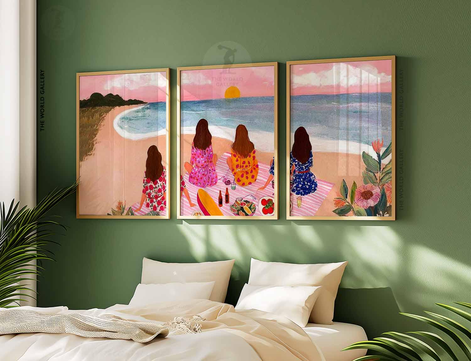 Beach Picnic Art Print Set, Coastal Sunset With Friends, Summer