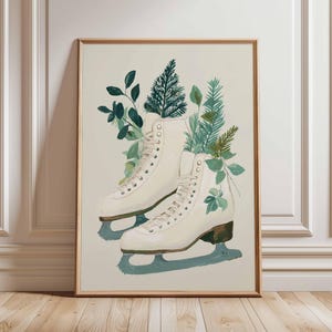 Ice Skates Poster, Winter Wall Art, Botanical Ice Skating Print, Vintage Skating Decor, Holiday Artwork, Cozy Seasonal Illustration