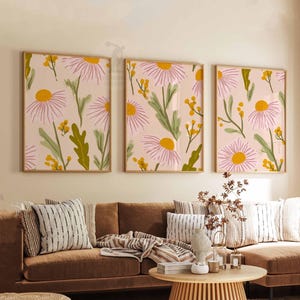 Retro Floral Pattern Set of 3 Posters, Mid Century Modern Floral Prints, Boho Living Room Decor, Bold Botanical Poster Set, Aesthetic Art
