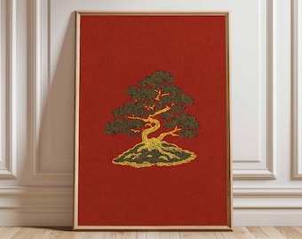Vintage Golden Bonsai Tree Poster, Retro Japanese Zen Art