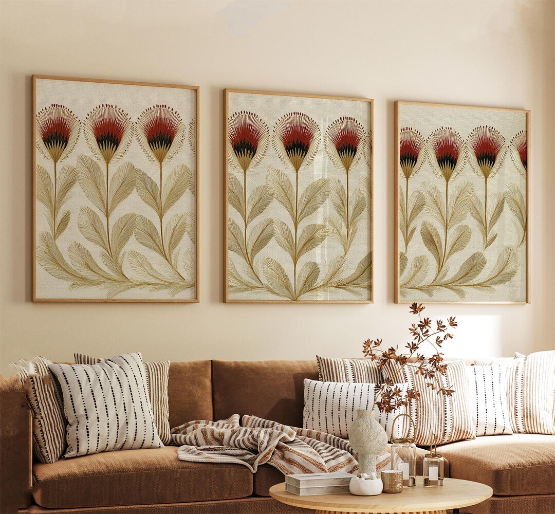 Stylised Botanical Floral Poster Set | Fine Line Nature Wall Art | Red ...