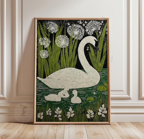 White Swan Poster Print | Mother And Cygnets Pond Wall Art | Vintage Woodcut Nature Illustration