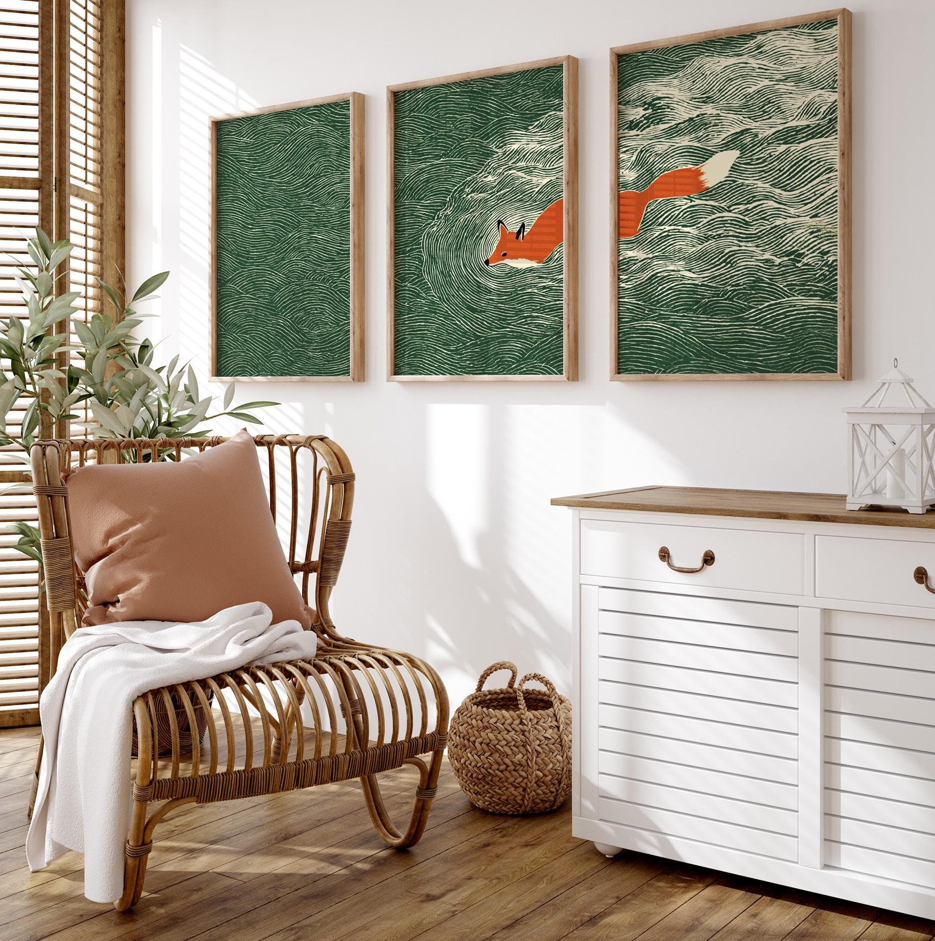 Japanese Fox Ocean Wall Art Set | Green Wave Triptych | 3 Posters
