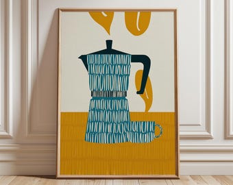 Mid Century Moka Pot Art Print, Teal & Mustard Kitchen Decor