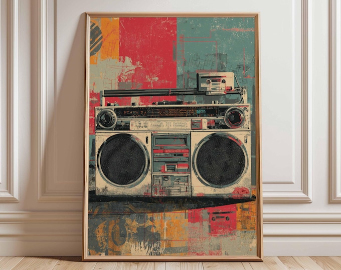 Retro Boombox Wall Art, Vintage Music Poster Print, Hip Hop 80s Artwork, Urban Street Art Decor, Old School Stereo Wall Print
